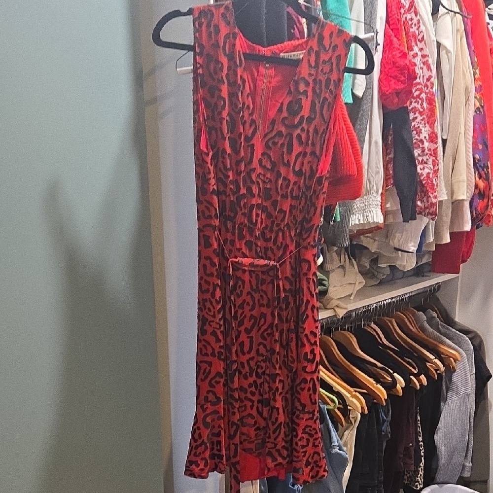 Alice + Olivia Red and Black Leopard Midi Dress